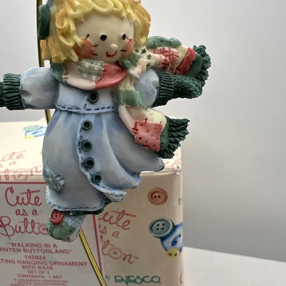 Vintage Enesco Skating Hanging Ornament With Base 142824 Cute As A Button In Box